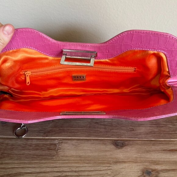 Y2K MAXX New York Pink Croc Embossed Leather Silver Hardware Clutch Bag - Picture 13 of 17